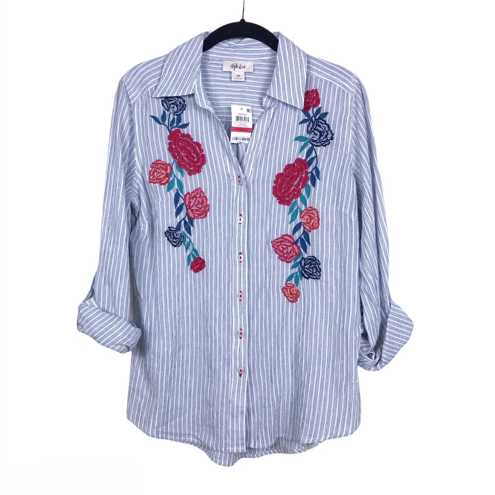 NWT Style & Co. Shirt Women’s Size XS Blue Floral Embroidered Tab Sleeve Boho