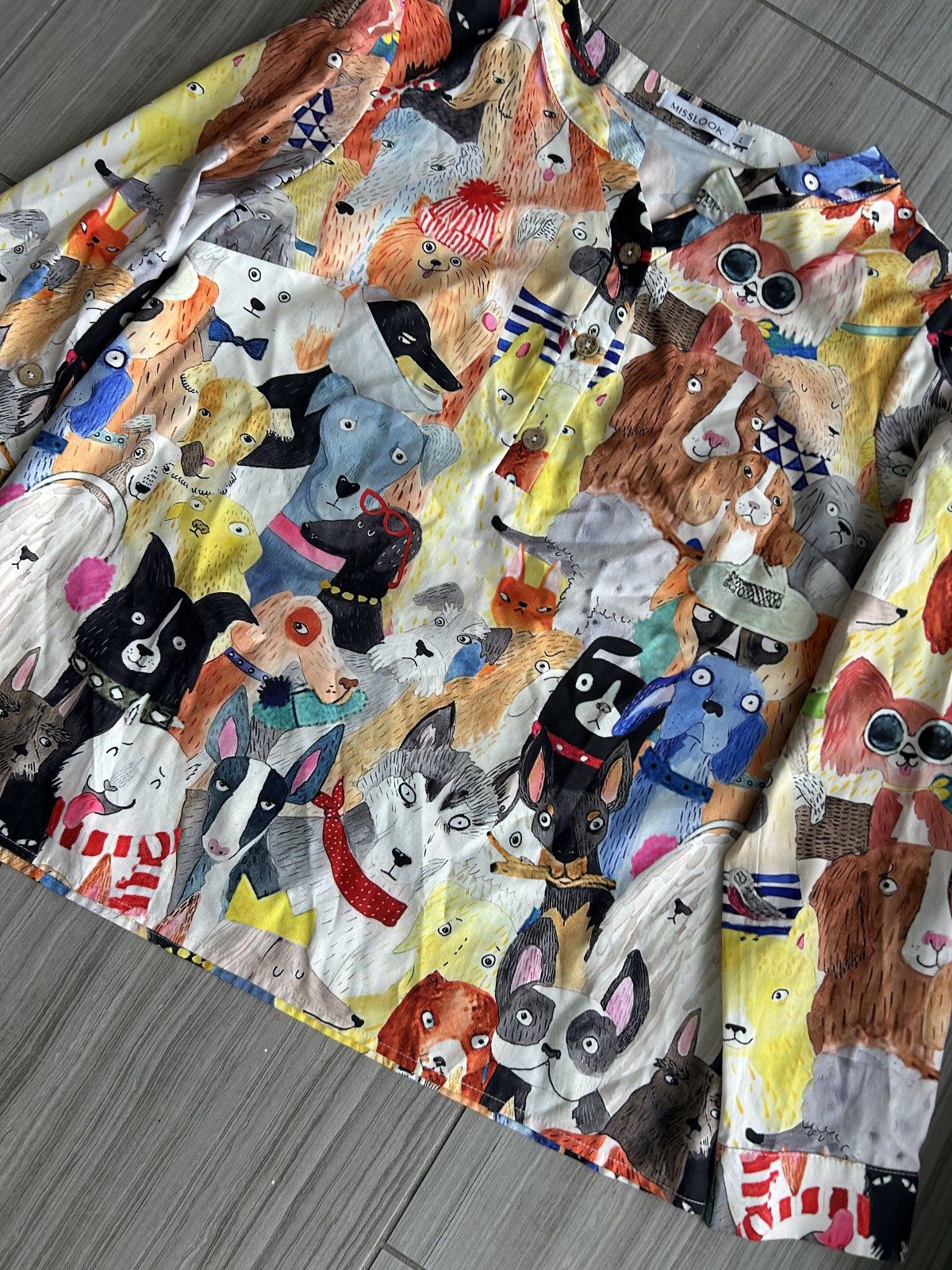 Misslook Womens Dog Print Blouse Top Size L Whimsical Animal Art Button Accent