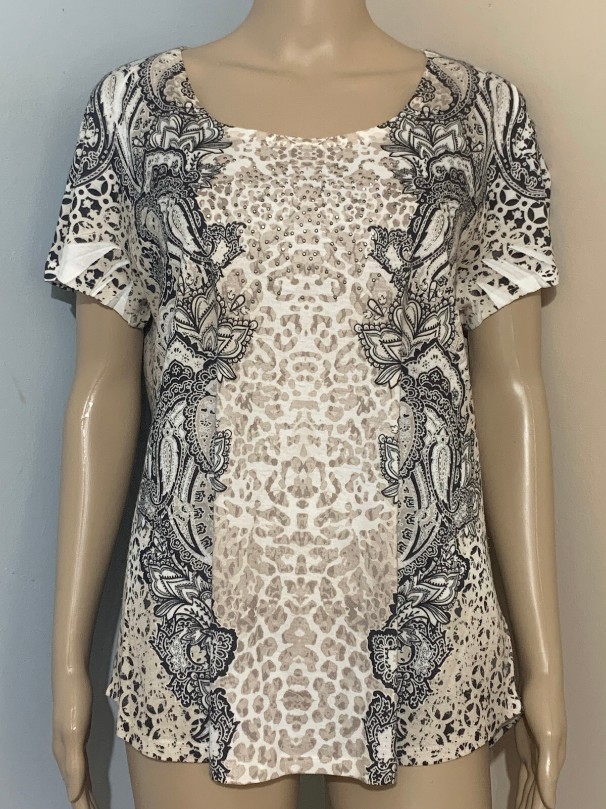 STYLE&CO XL Beige Black Animal Print Paisley Sublimation T SHIRT TOP Short Slv