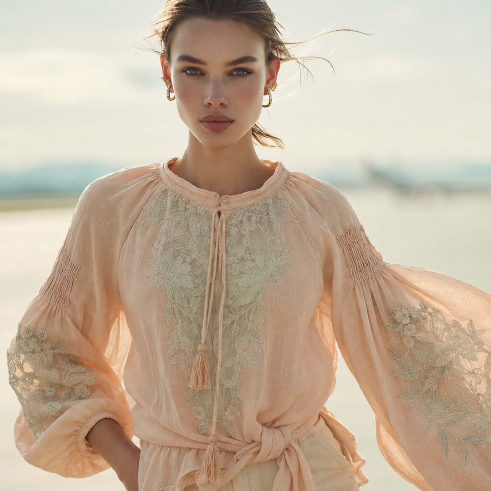 Free People Shimla Cotton Embroidered Lace Blouse Bishop Sleeve Peach Size S