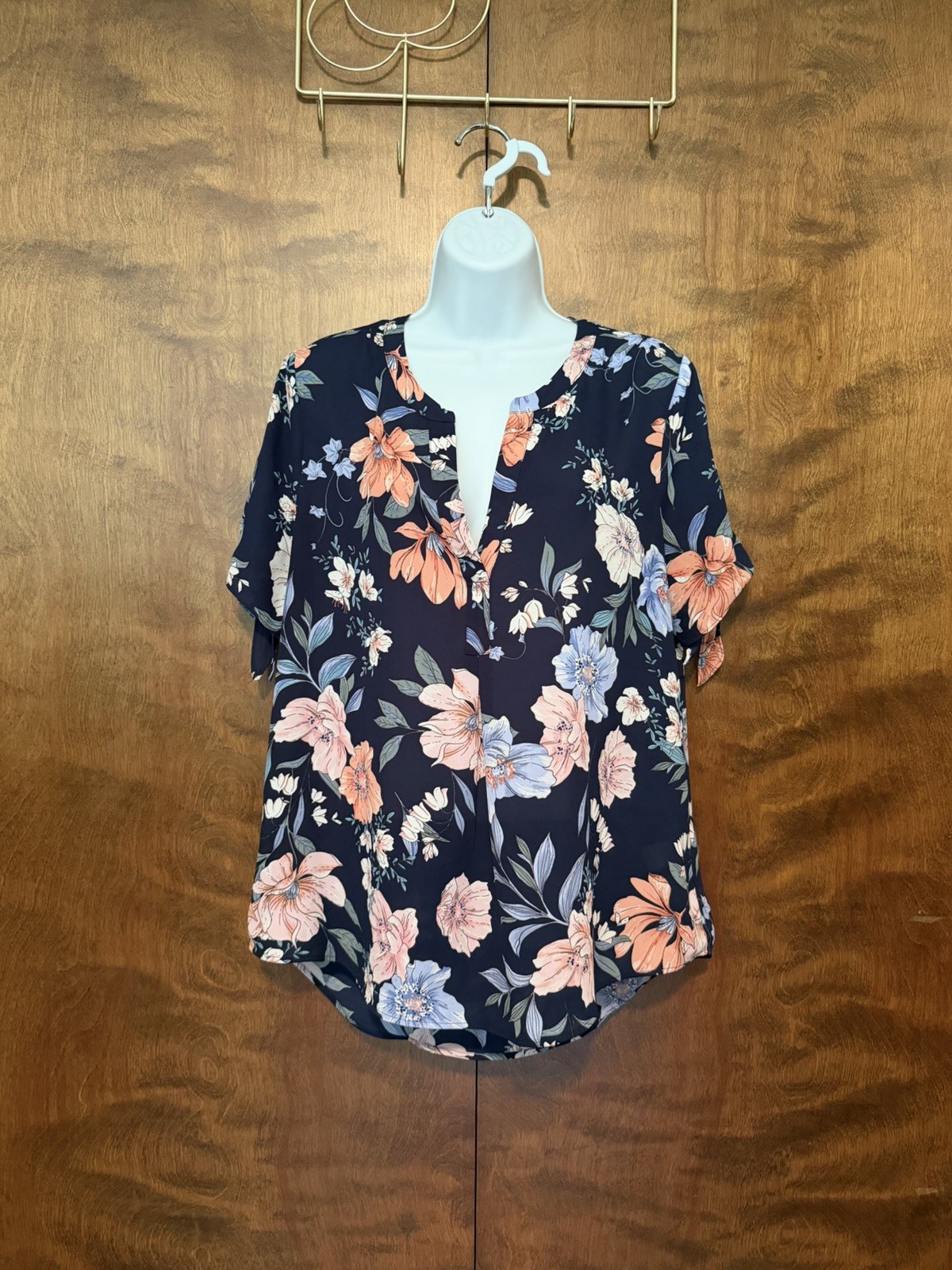 DR2 Short Tie Sleeve Floral Print Blouse Womens M Blue Polyester Chiffon Top EUC