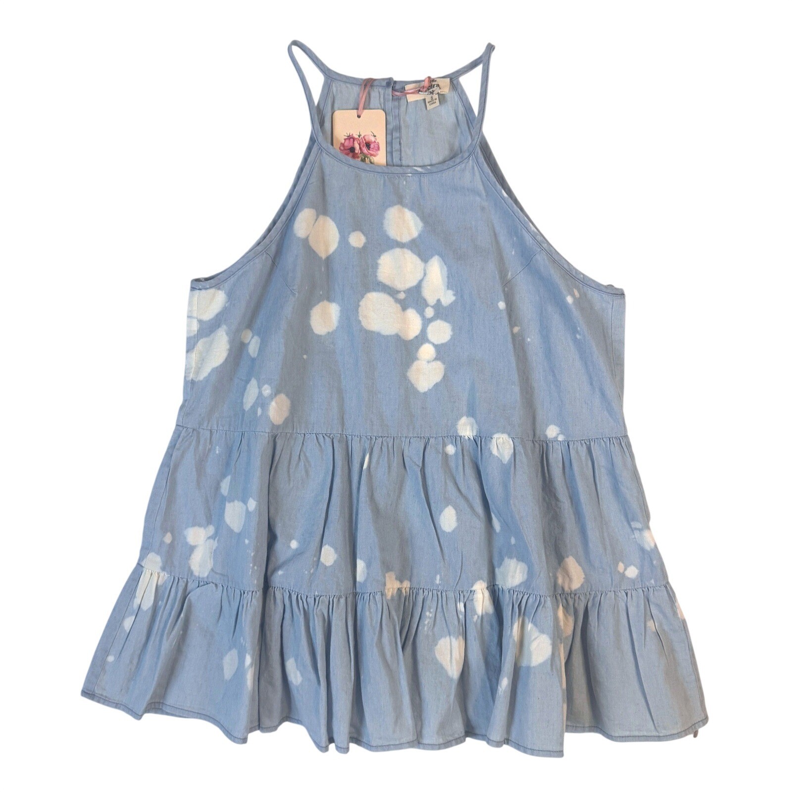 Entro Tank Top Tiered Bleach Wash S Blue Womens Boho Summer Halter T15750