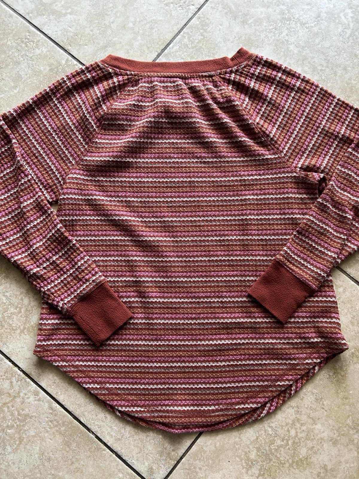 LOFT Boho Striped Knit Raglan Sleeve Crew Neck Top Ribbed Cuffs Red Pink White S