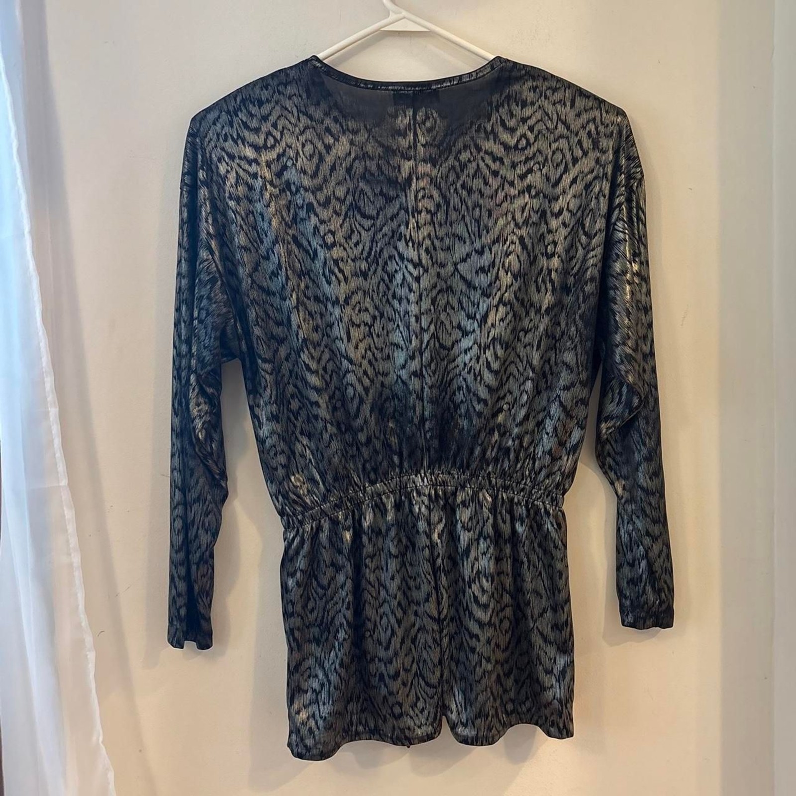 Metallic 80s Silver Long Sleeve Gather Waist Tunic Shoulder Pads Small J S Neal