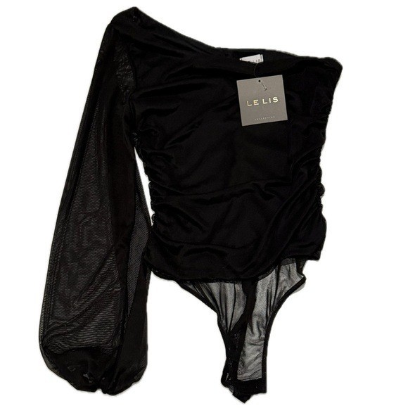 🖤 LE LIS Black One-Shoulder Mesh Sleeve Bodysuit | NWT | Size M