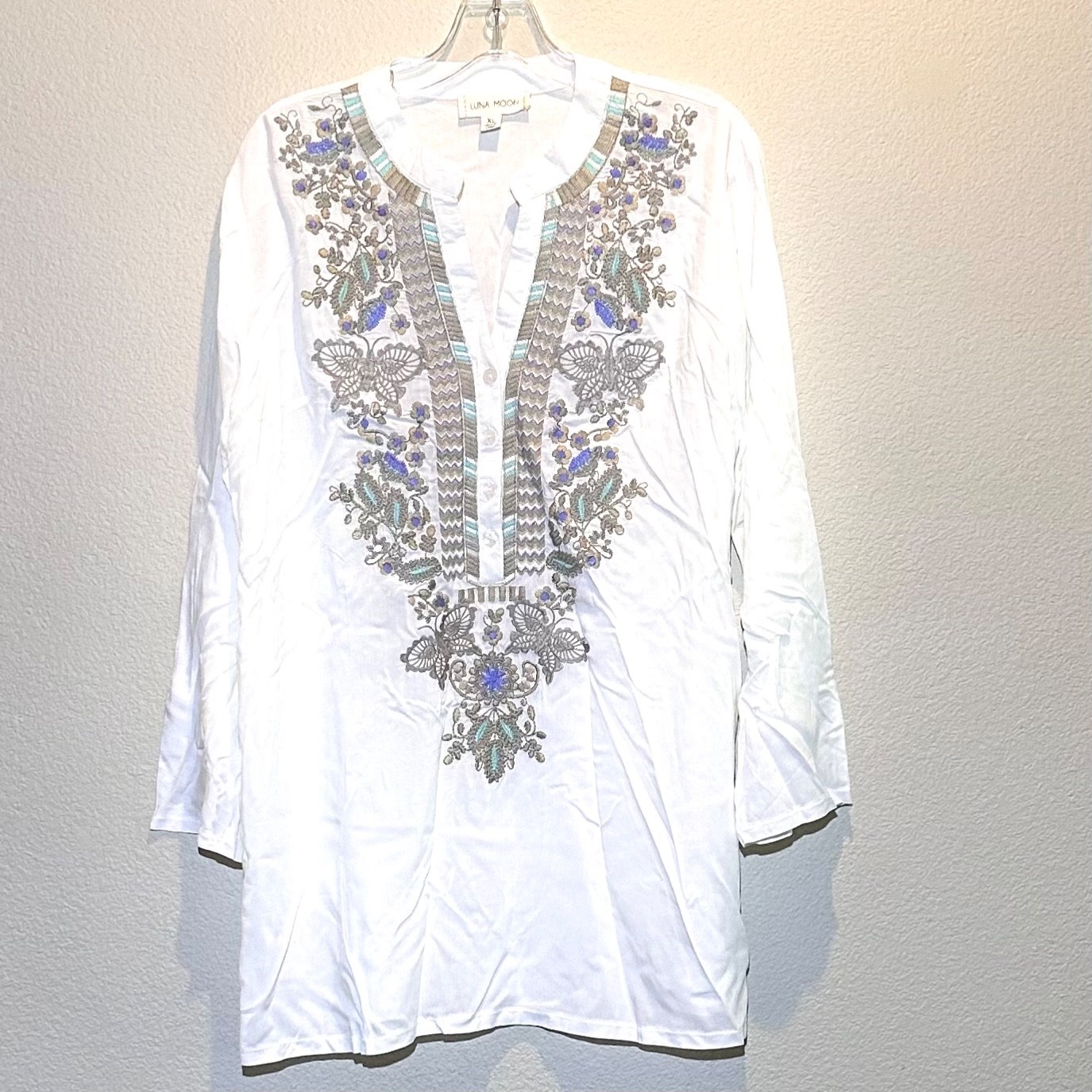 Luna Moon Embroidered Boho Women’s Boho Tunic Long Folding Sleeves Neutral XL