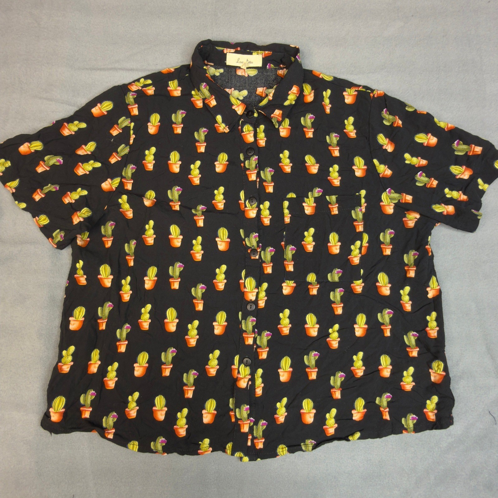 Love Notes Womens Large Black Cactus Print Short Sleeve Rayon Button Down Shirt