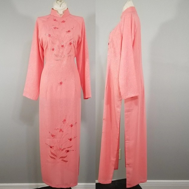 Vintage Ao Dai Long Tunic Top XL* Womens Embroidered Metallic Floral Side Slits