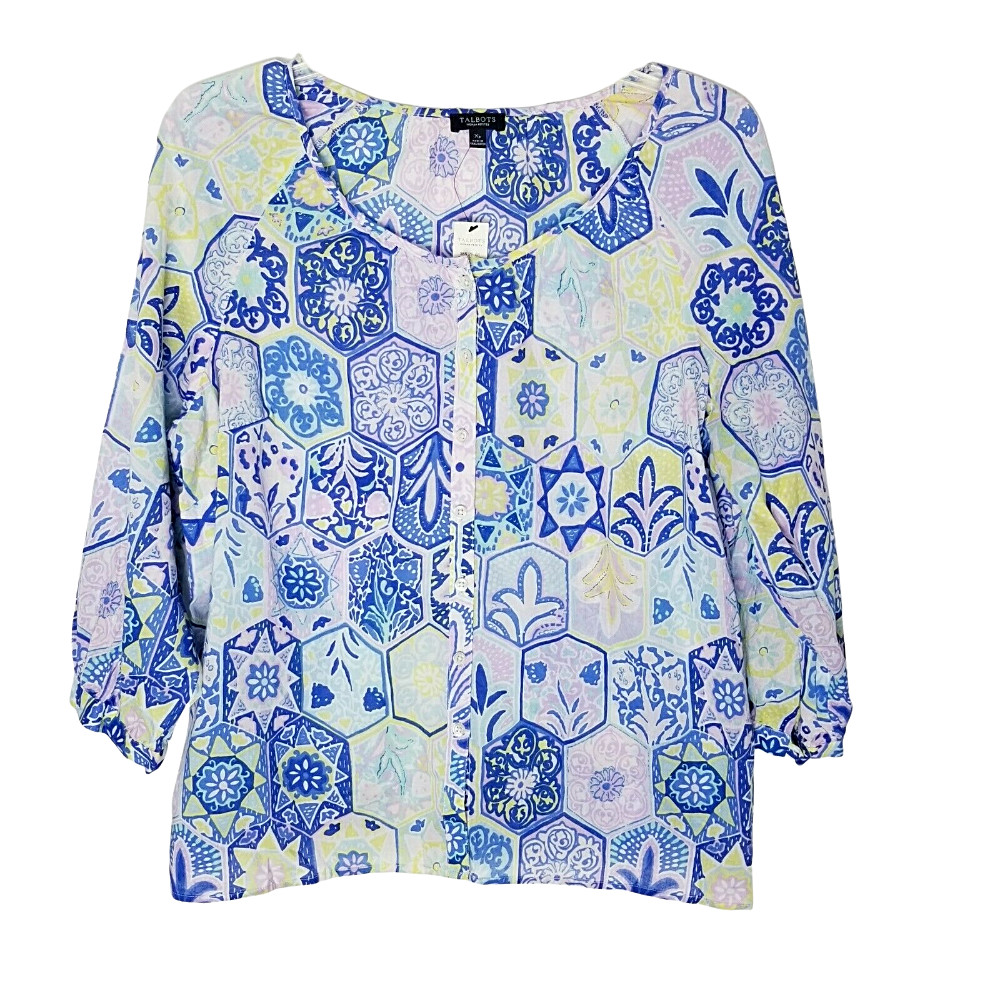 Talbots Women Petite XP Floral Blouse Blue Yellow Cotton 3/4 Sleeve NEW BD2706