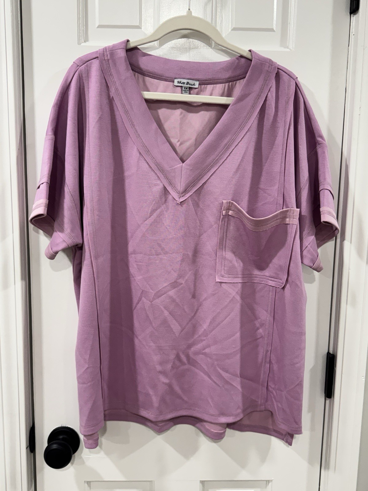 White Birch 1X Pink Oversized V Neck Pocket Top Exposed Seam Relaxed Tunic