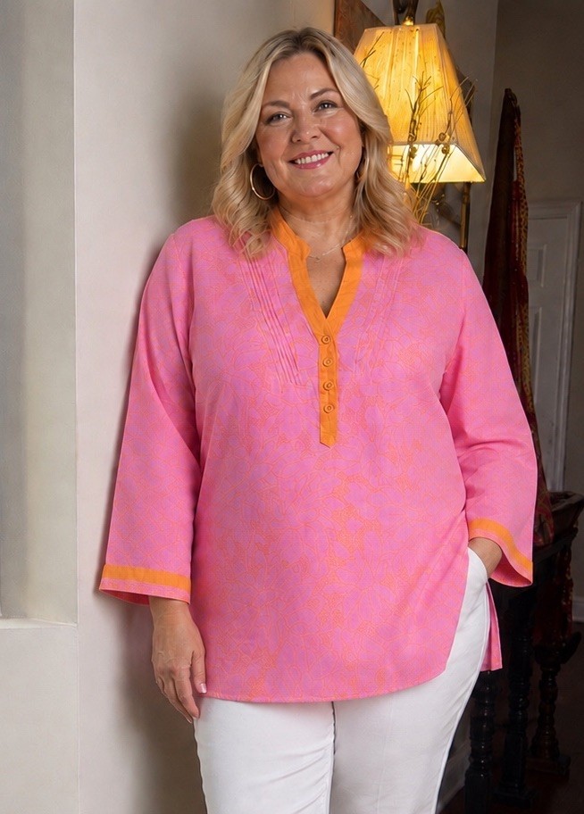 Carole Little Size Plus 1X Barbie Pink Orange Boho Resort Wear 100% Linen Tunic