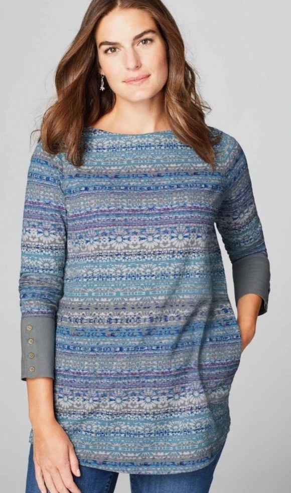 J.Jill Fair Isle Thermal Decorative Cuffs Pockets Boatneck Top Tunic Medium Tall