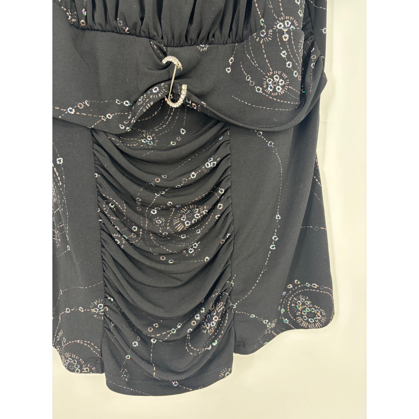 Studio 1940 Blouse Ruched Embellished Rhinestone Stretch Top Black Size Large