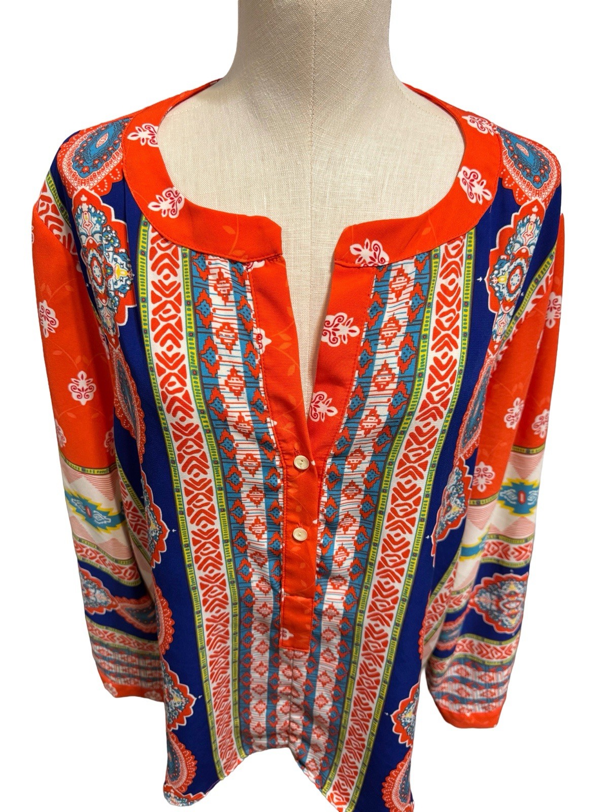 NEW! Gibson & Latimer Boho Placement Print Tunic Blouse Size XL Orange Blue