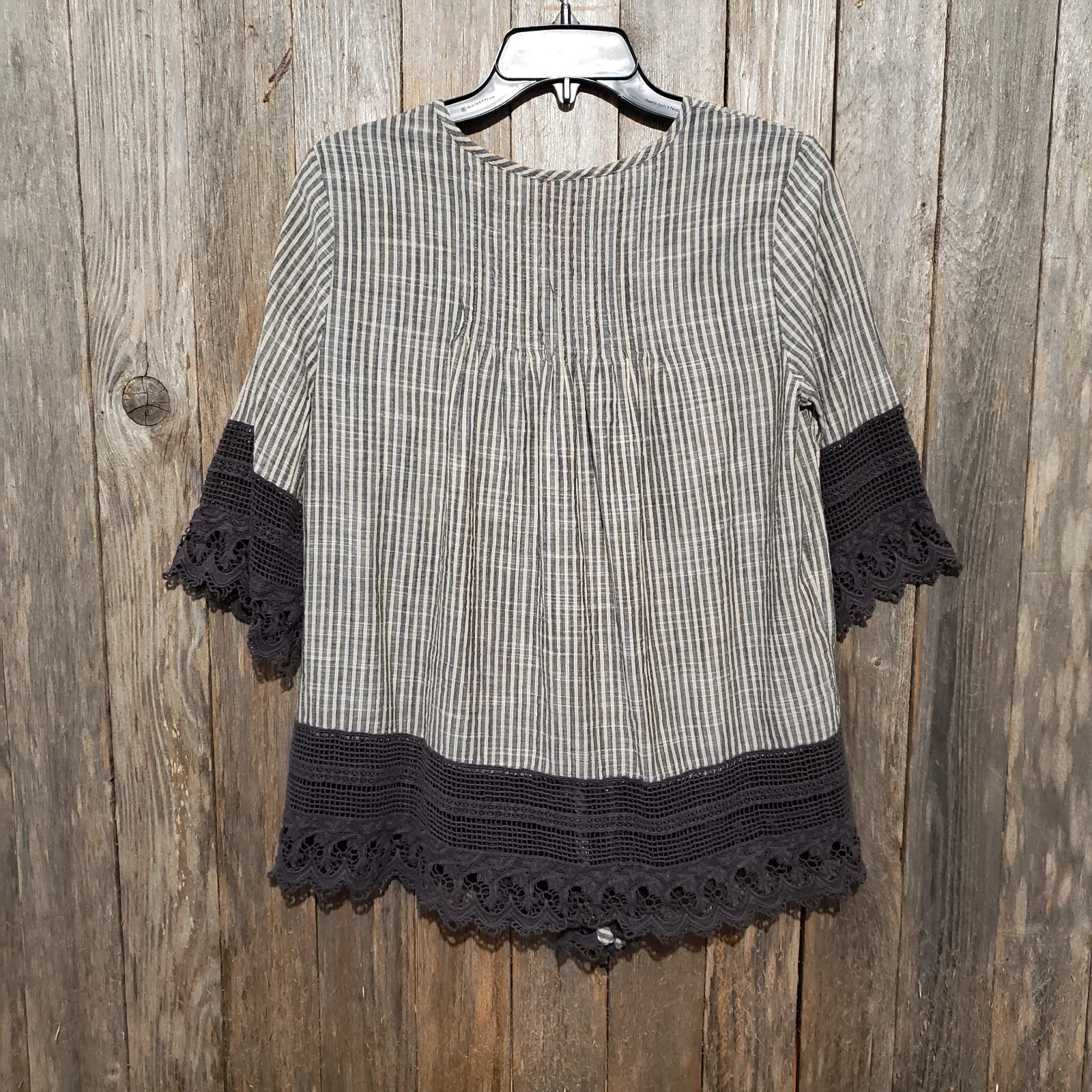 V Cristina Top Gray Stripe Lace Crochet Boho Cottage Indie Artsy Whimsigoth Sz S