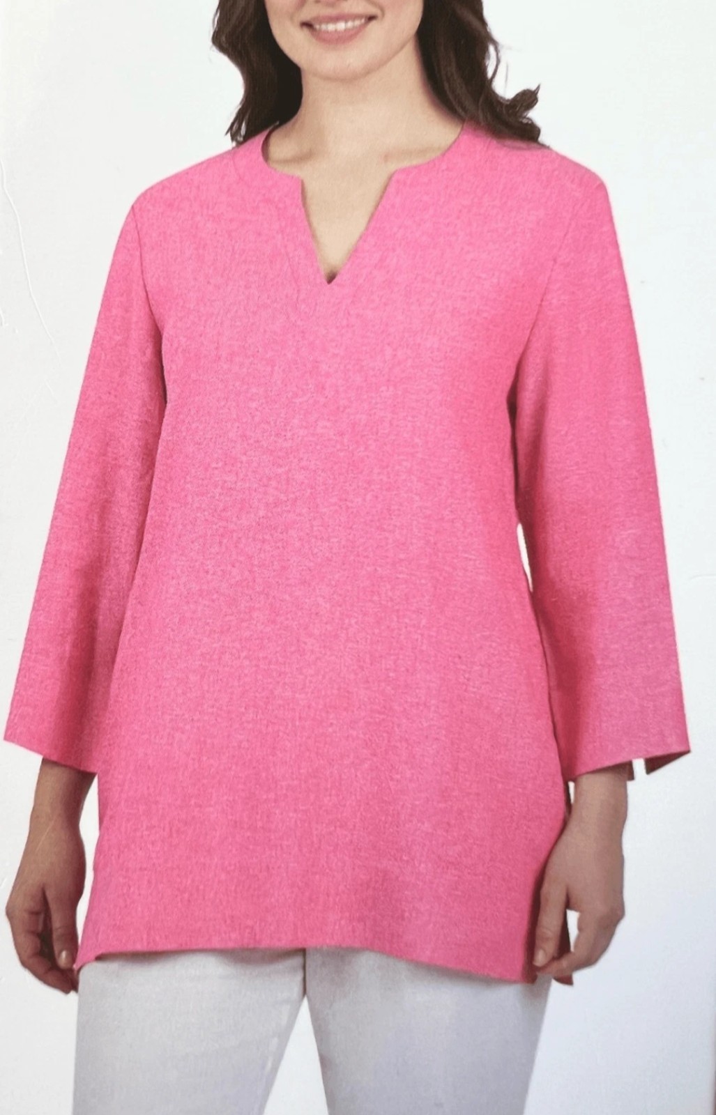 Lands End Linen Blend Split Neck Tunic Top L Hot Pink Pockets Breathable Beachy