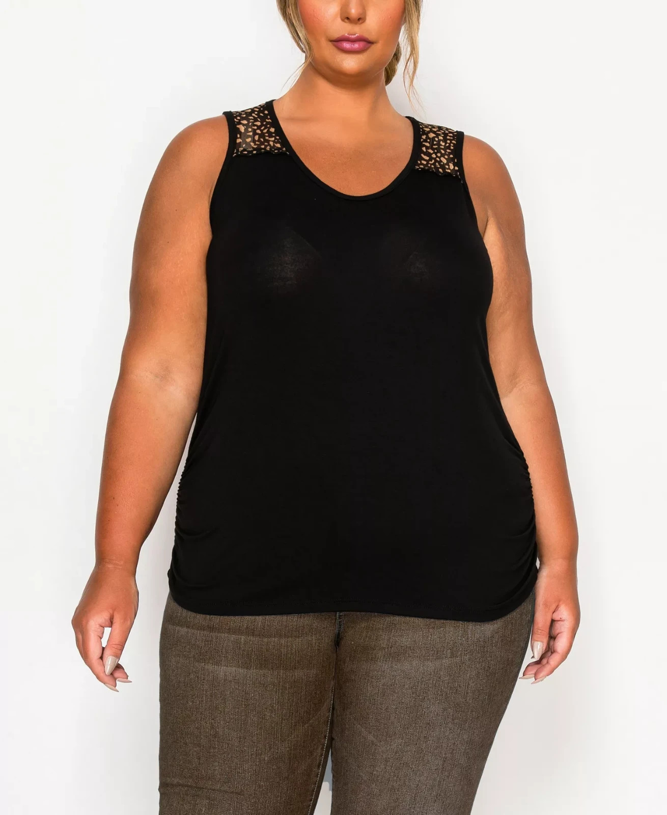 COIN 1804 Plus Size Pebble Mesh Inset Side Ruched Tank Top Black 1X
