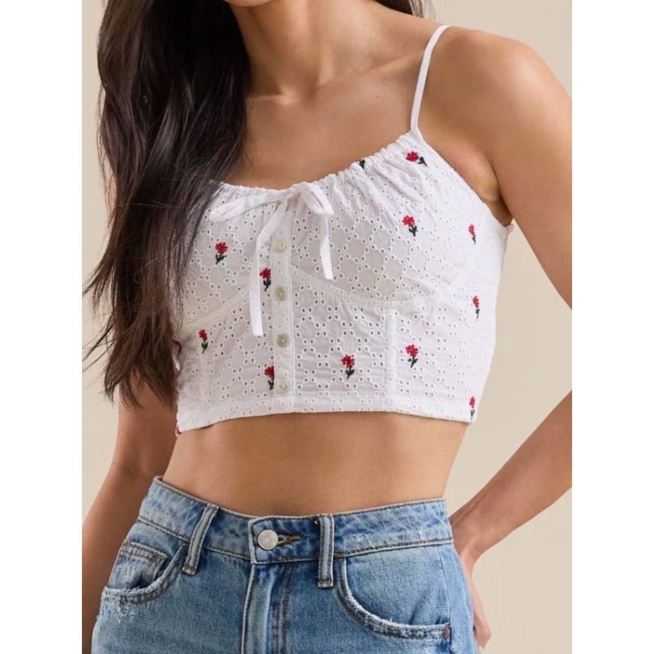 Altar’d State White Eyelet Cropped Cami Red Floral Embroidery S Boho Romantic