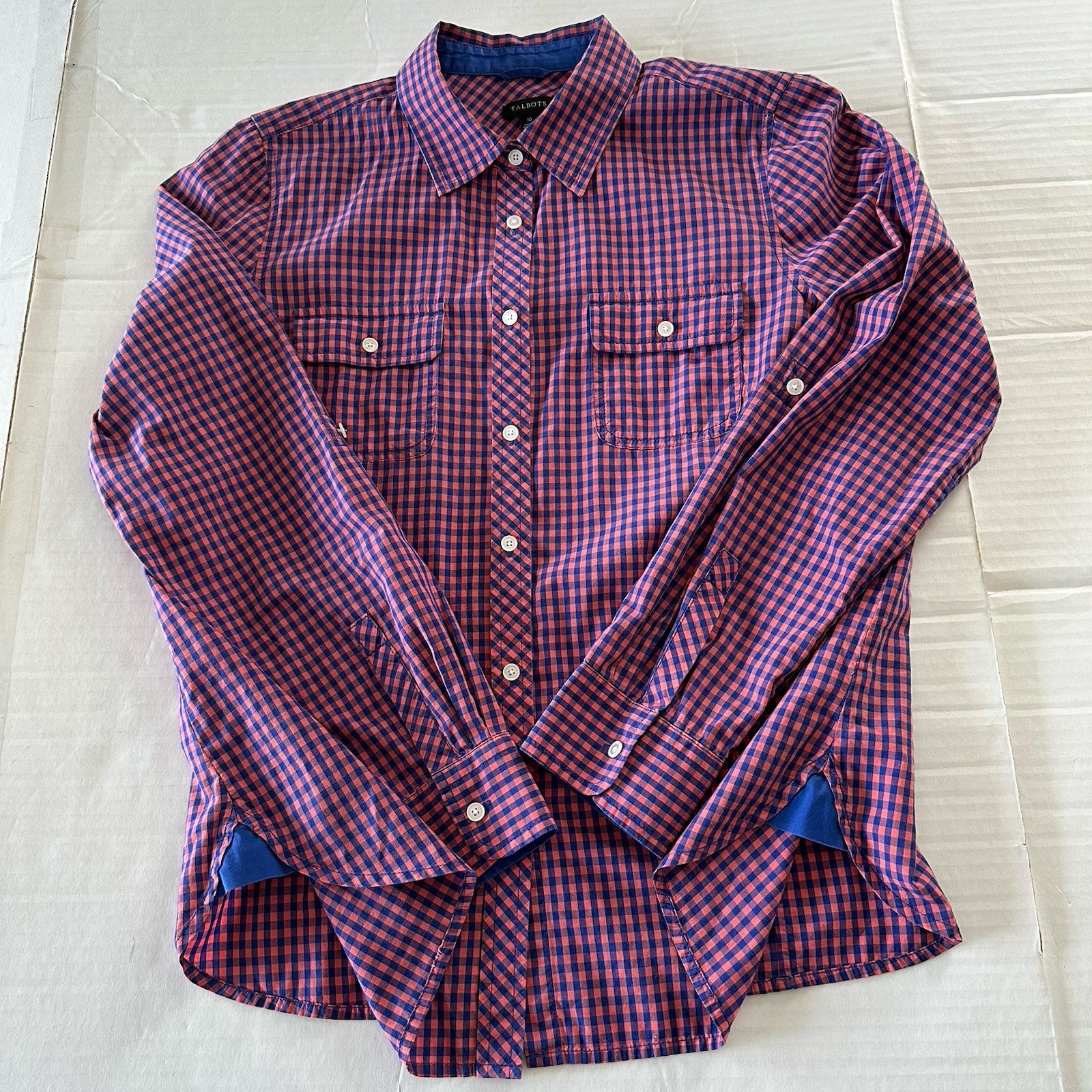 TALBOTS Womens 10 Cotton Check Plaid Flip Cuff Roll Tab Sleeve Button Up Shirt