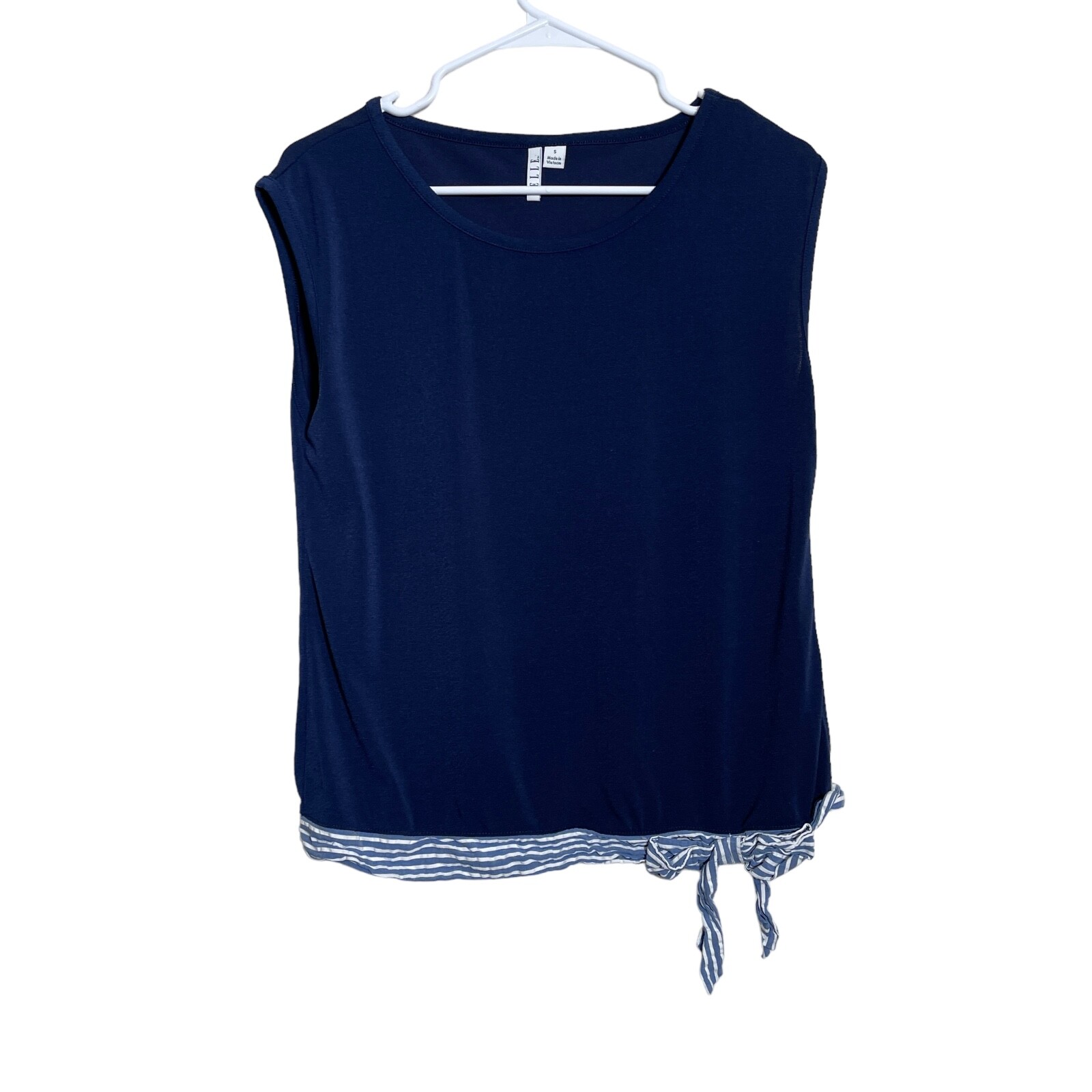 Elle Blouse Women’s Small Navy Cap Sleeve Tank Blue Round Neck Tie Casual Top