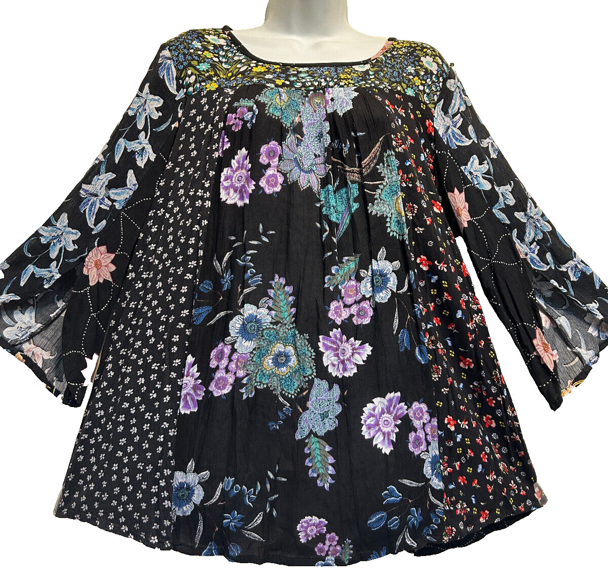 Nwt SACRED THREADS floral patch hippie bohemian babydoll rayon TOP L Free shipp
