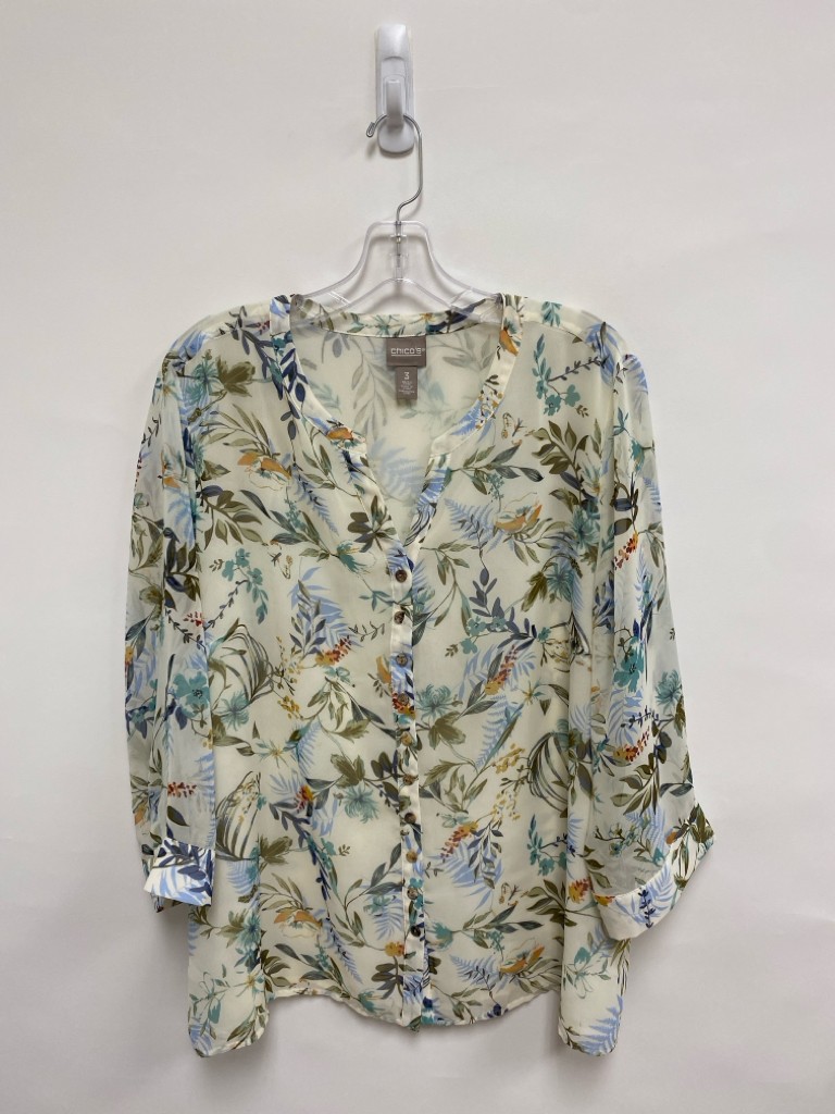 Chico’s Size 3 White Blue/Multi Leaves 3/4 Sleeve Ladies Top