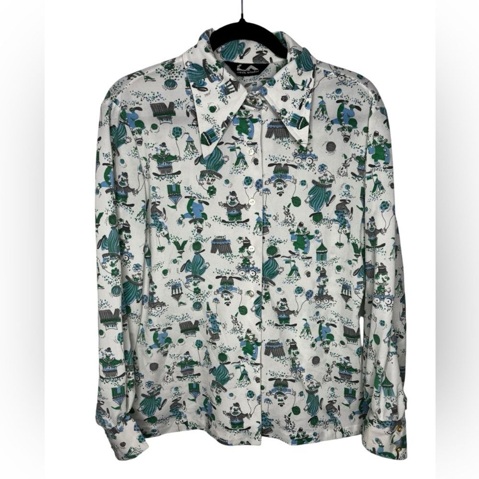VTG 60s 70s Jack Winter Clown Print Carnival Long Sleeve Button Up Wearable Art