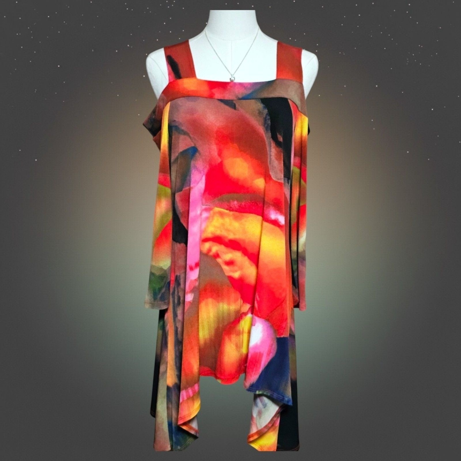 Clara Sunwoo Womens Cold Shoulder Tunic Top Abstract Floral Print Red Orange S