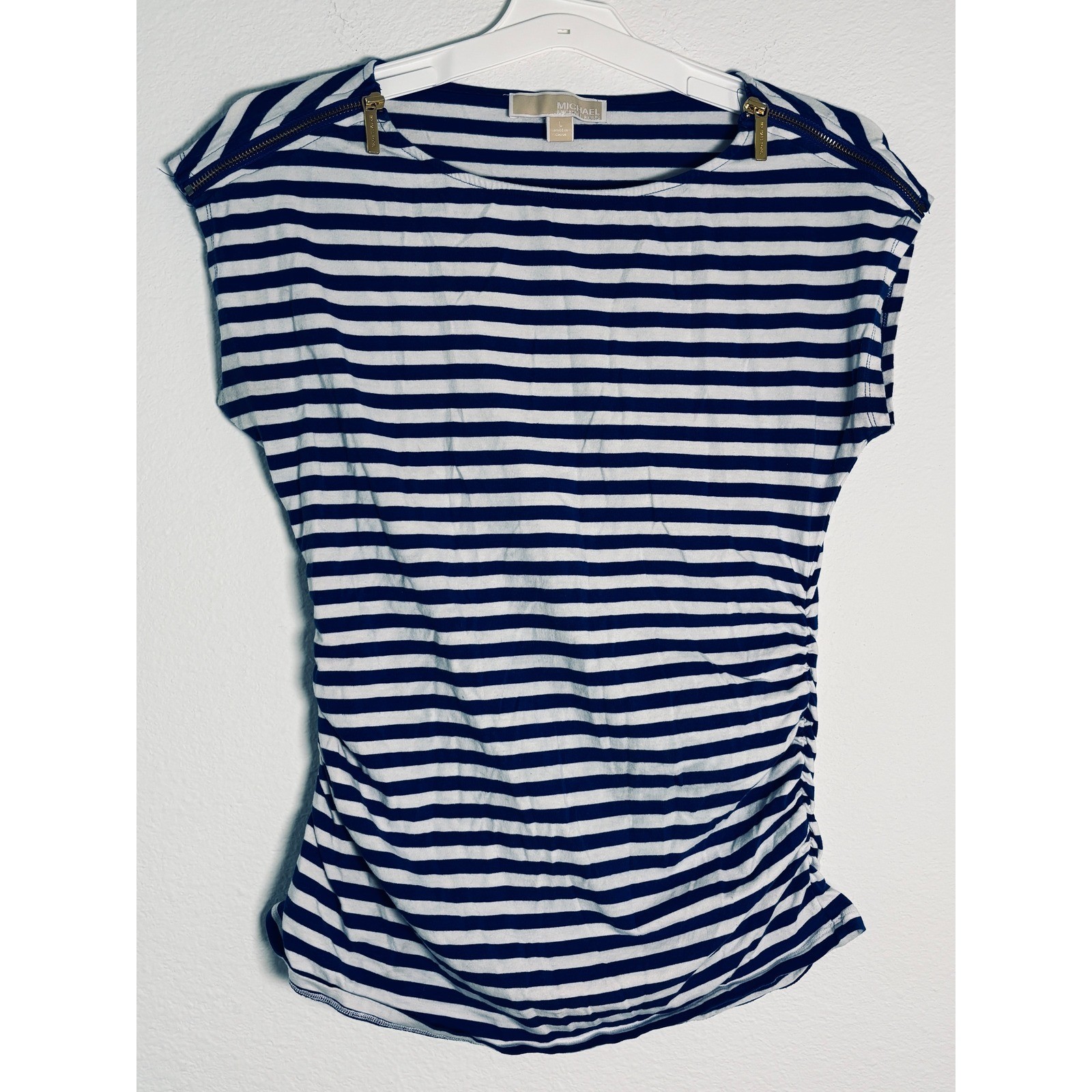 Michael Michael Kors Navy White Striped Sleeveless Top Gold Zipper Shoulder L