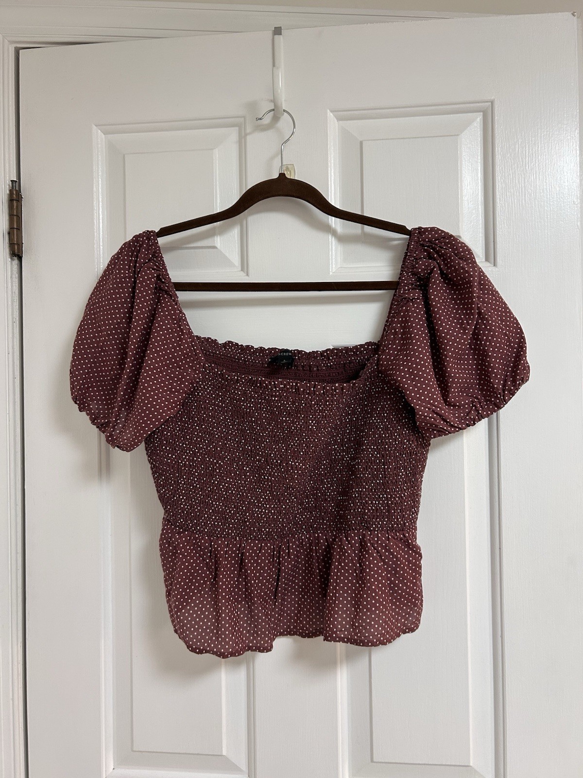 J.Crew Size Large Squareneck Smocked Cotton Voile Peplum Dot Top L BG310