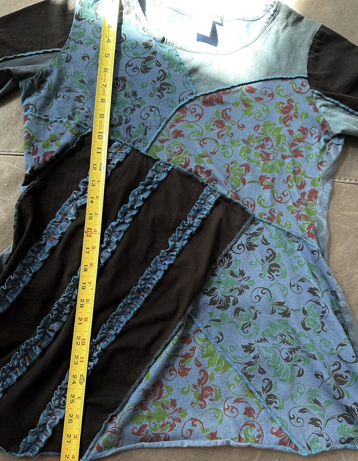 EUC Parsley & Sage Mixed Print Asymmetrical Top Lagenlook M Blue 100% Cotton