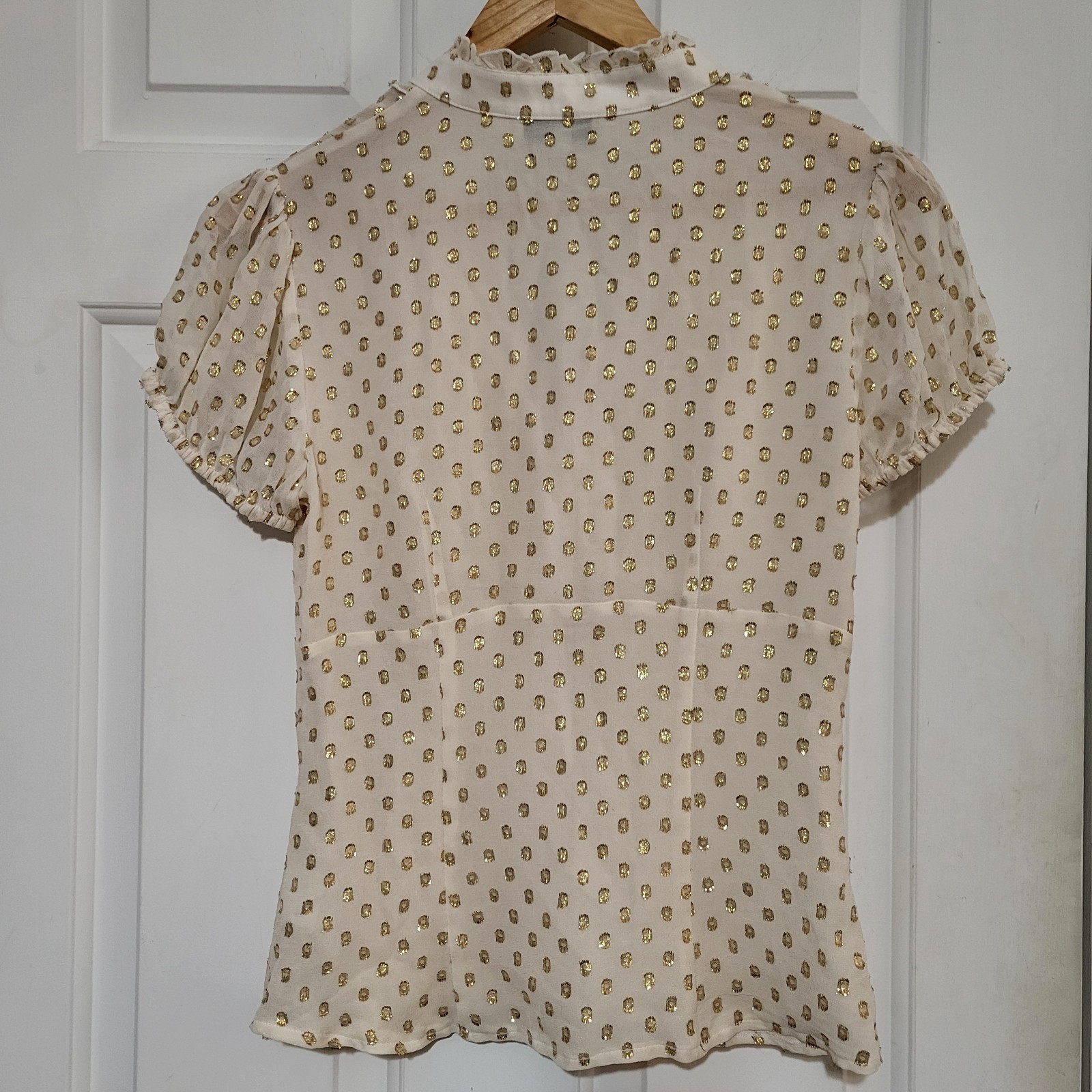 Bebe Cream Gold Ruffle Short Sleeve Button Front Semi Sheer Silk Blouse Size S