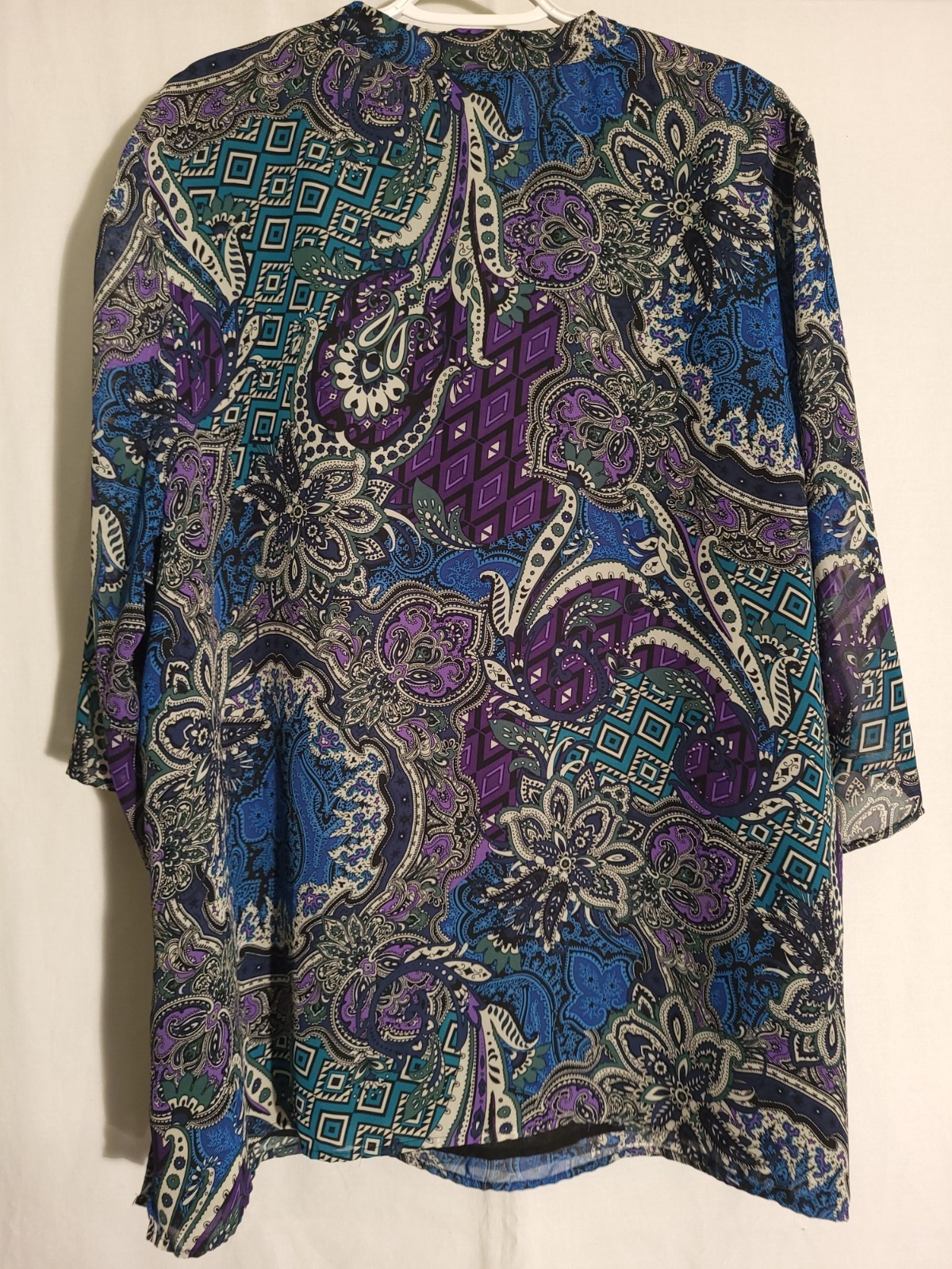 Maggie Barnes-Black Green Blue Purple White Paisley SemiSheer Lined Vneck Top-2X