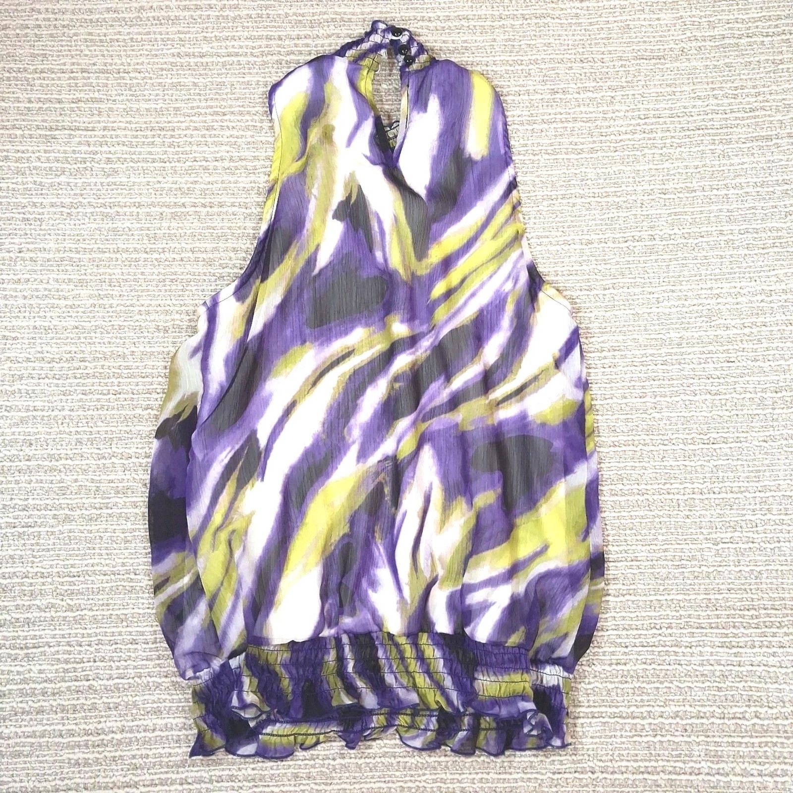 b wear byer california purple green abstract high neck smocked blouse medium y2k