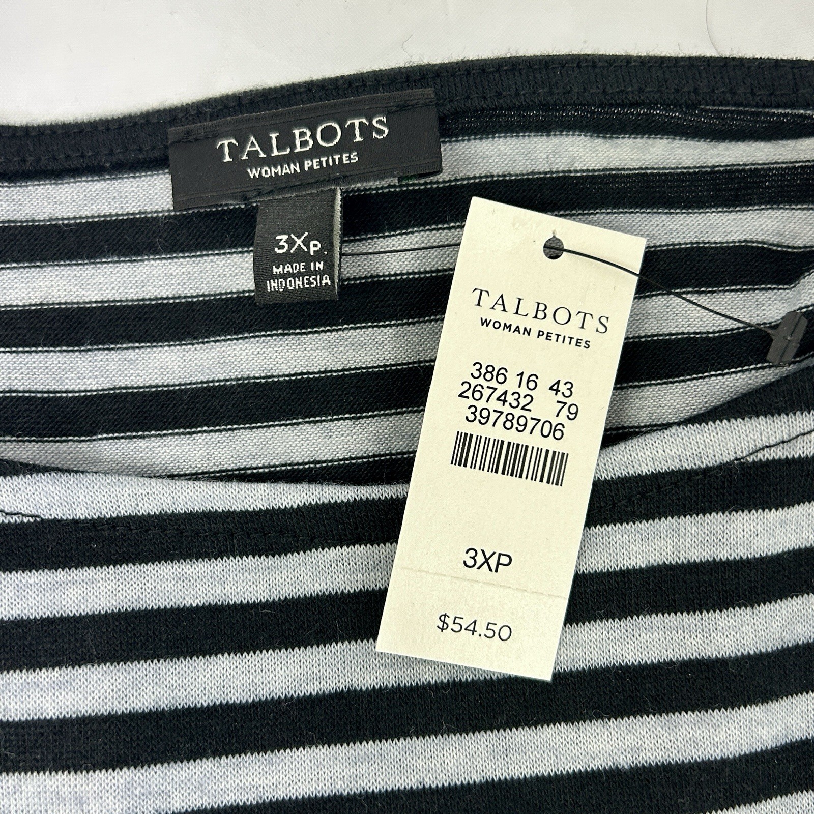 NEW Talbots Black & Gray Striped Round Neck Long Sleeve Casual Top Size 3Xp