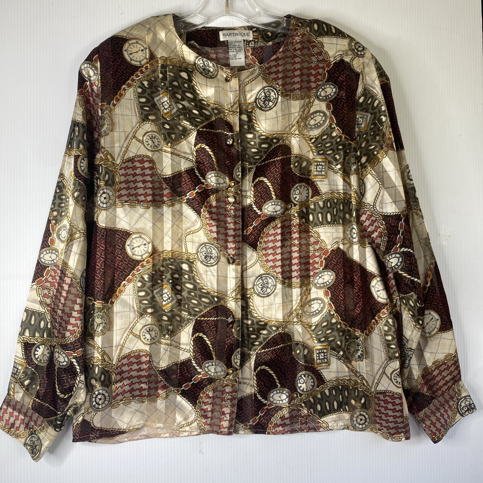 Martinique Blouse Woman Size 12 Gold Brown Red Silky Poly Print Button Front