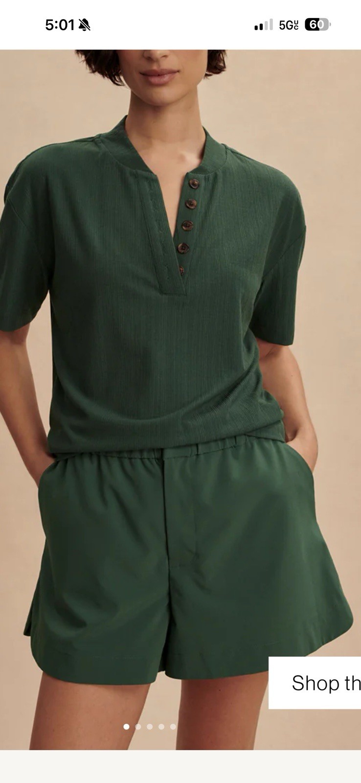 NWT Varley Kasey Mock Placket Rib Tee, Size S Green Color Ribbed Buttons