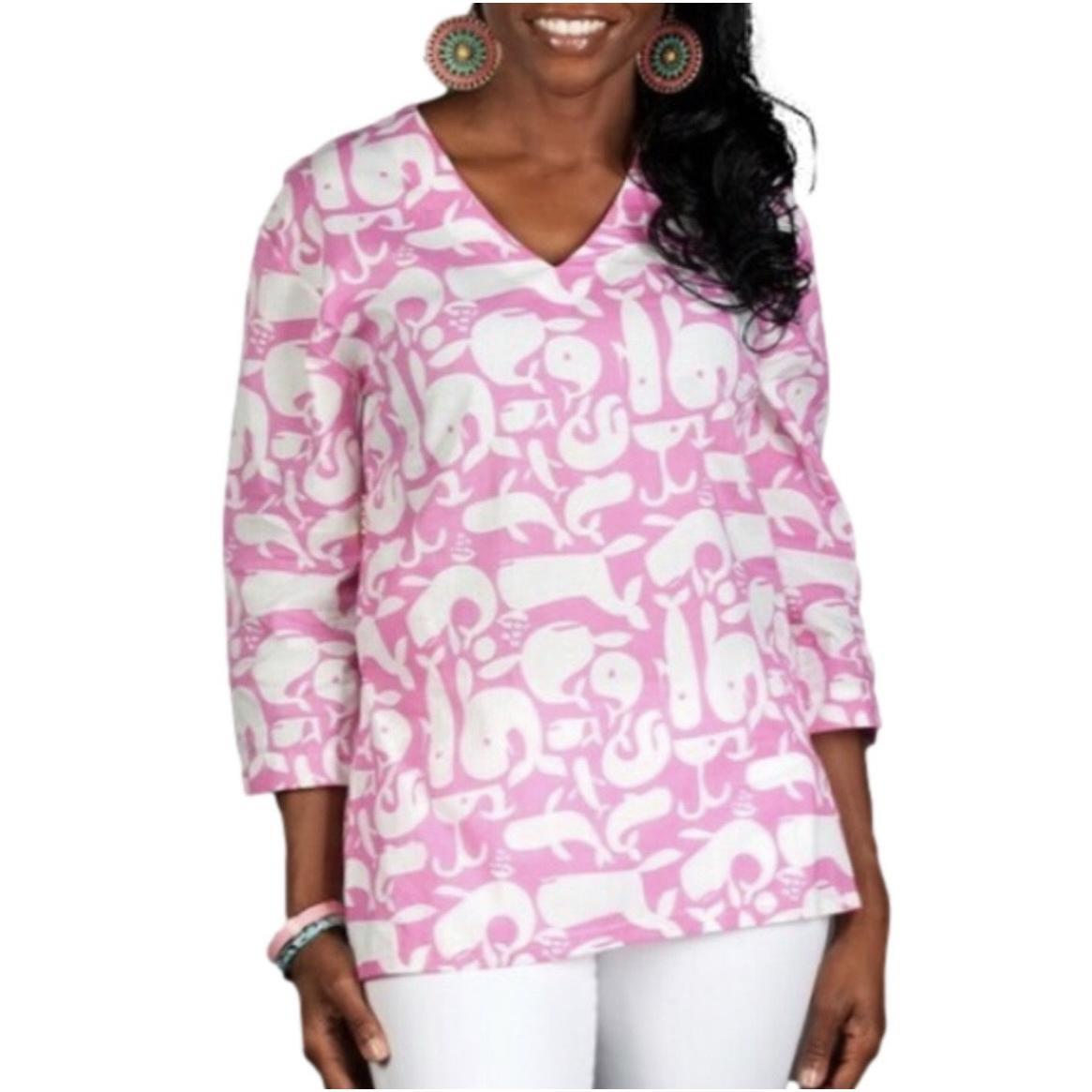 Tracy Negoshian Pink White Whale Print V Neck 3/4 Sleeve Tunic Blouse Size Small