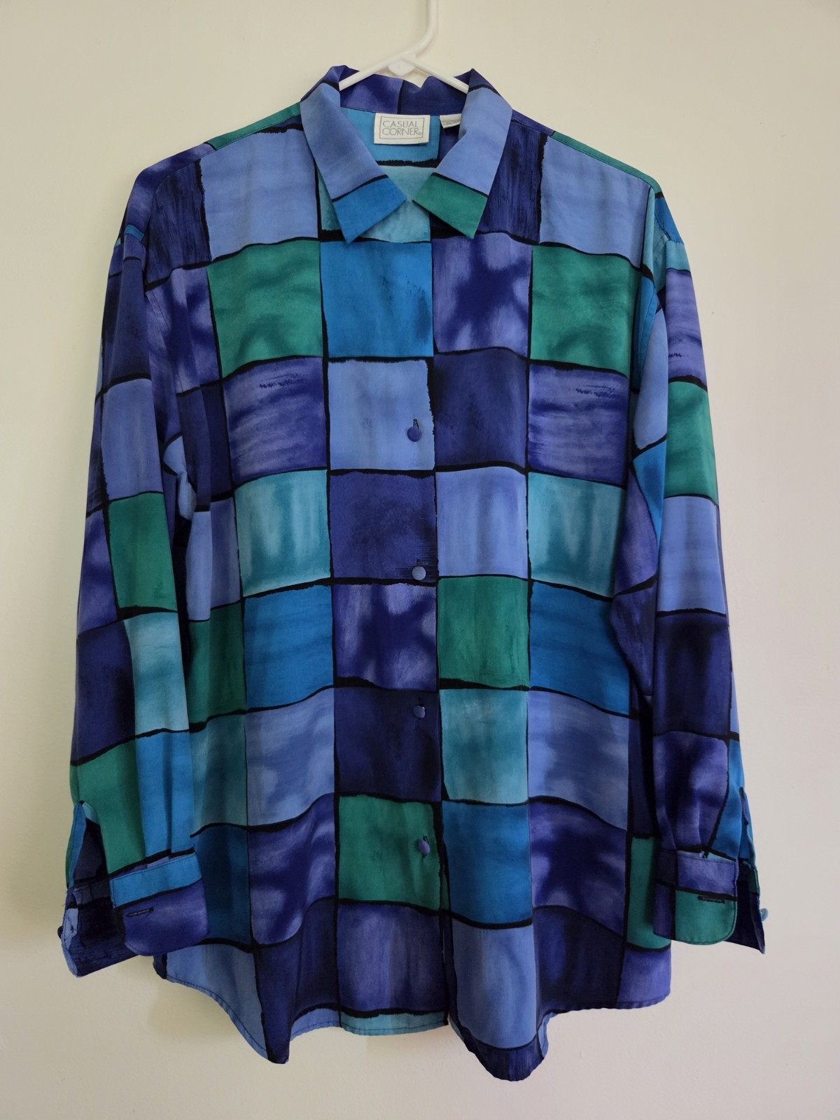 Vintage Casual Corner Blue Green Geometric Blouse Womens M Abstract Watercolor