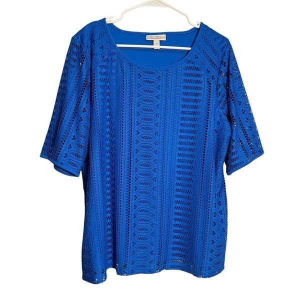 Dana Buchman Women’s Size XL Lace Layered Blouse Royal Blue Short Sleeve Scoop