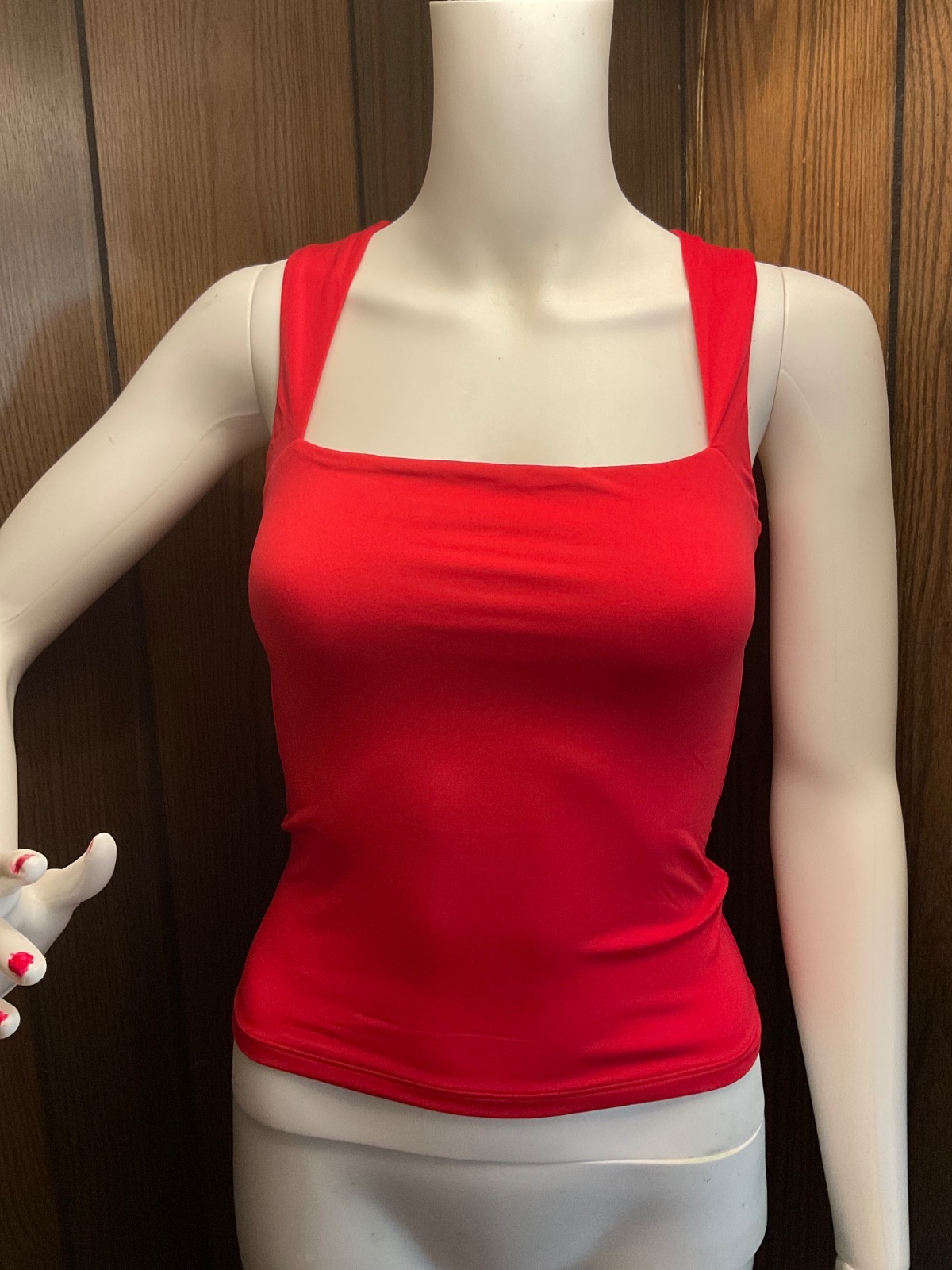 Red Square Neck Double-Layer Tank Top Sleeveless Tight T Shirt Basic Women’s S