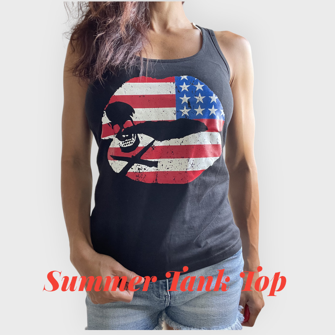 USA Flag Kiss Lips and SKull Black Racerback Tank Top – Black Summer Tank Top