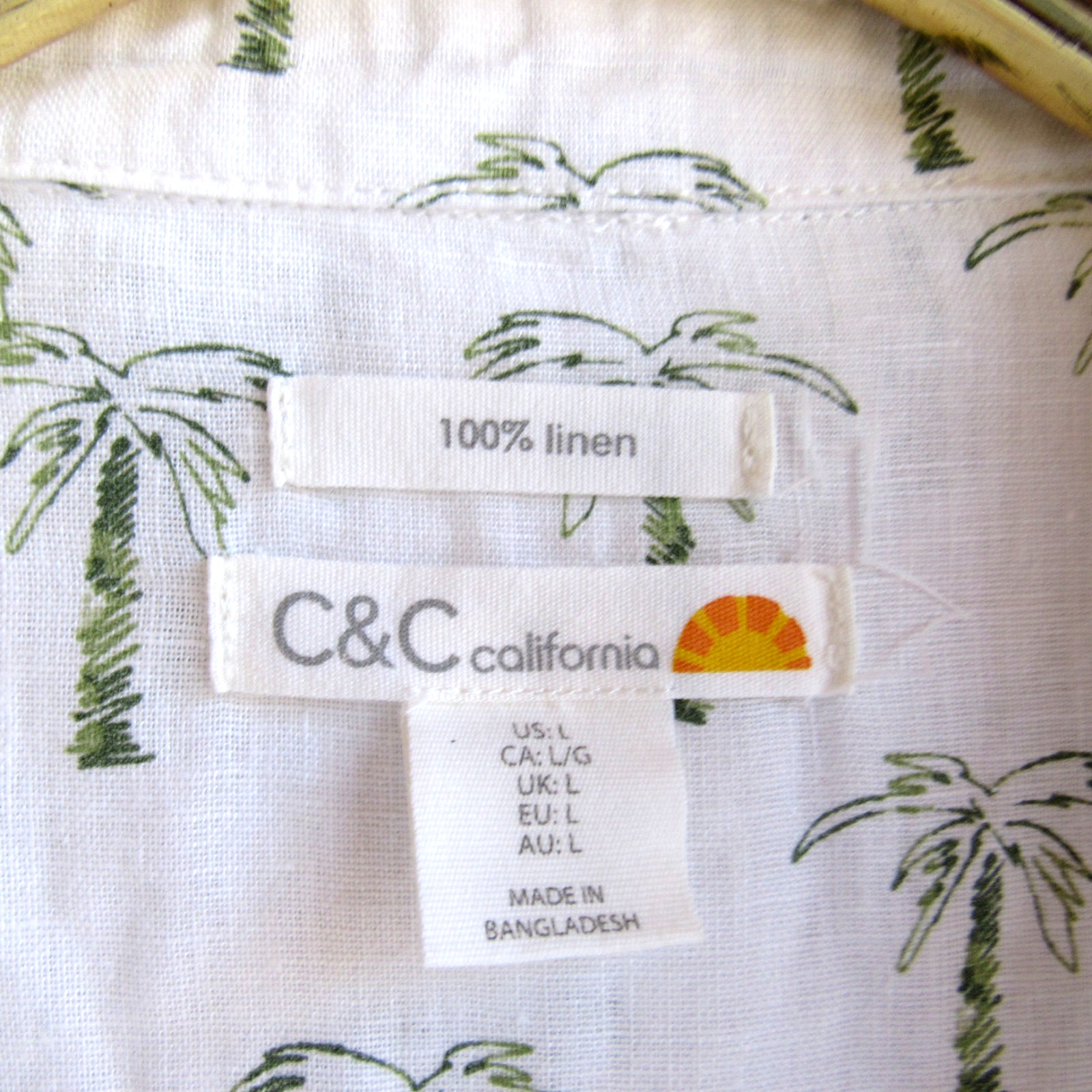 White Green Tropical Palm Print Linen Tunic Shirt Large C & C California Adjust
