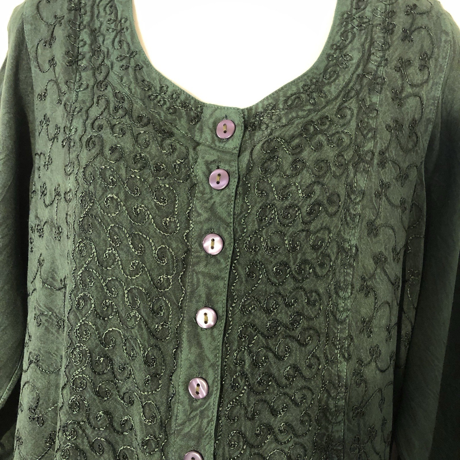 Sakkas Green Embroidered Button Front Round Neck Long Sleeve Rayon Blouse L/XL