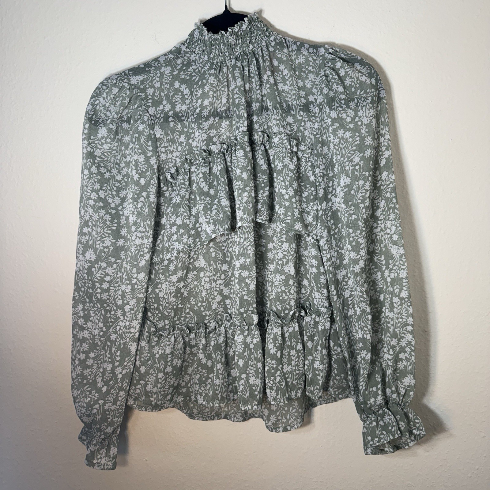 Rabbit Rose Blouse Womens Small Green Sheer Floral Feminine Y2K Babydoll Prairie