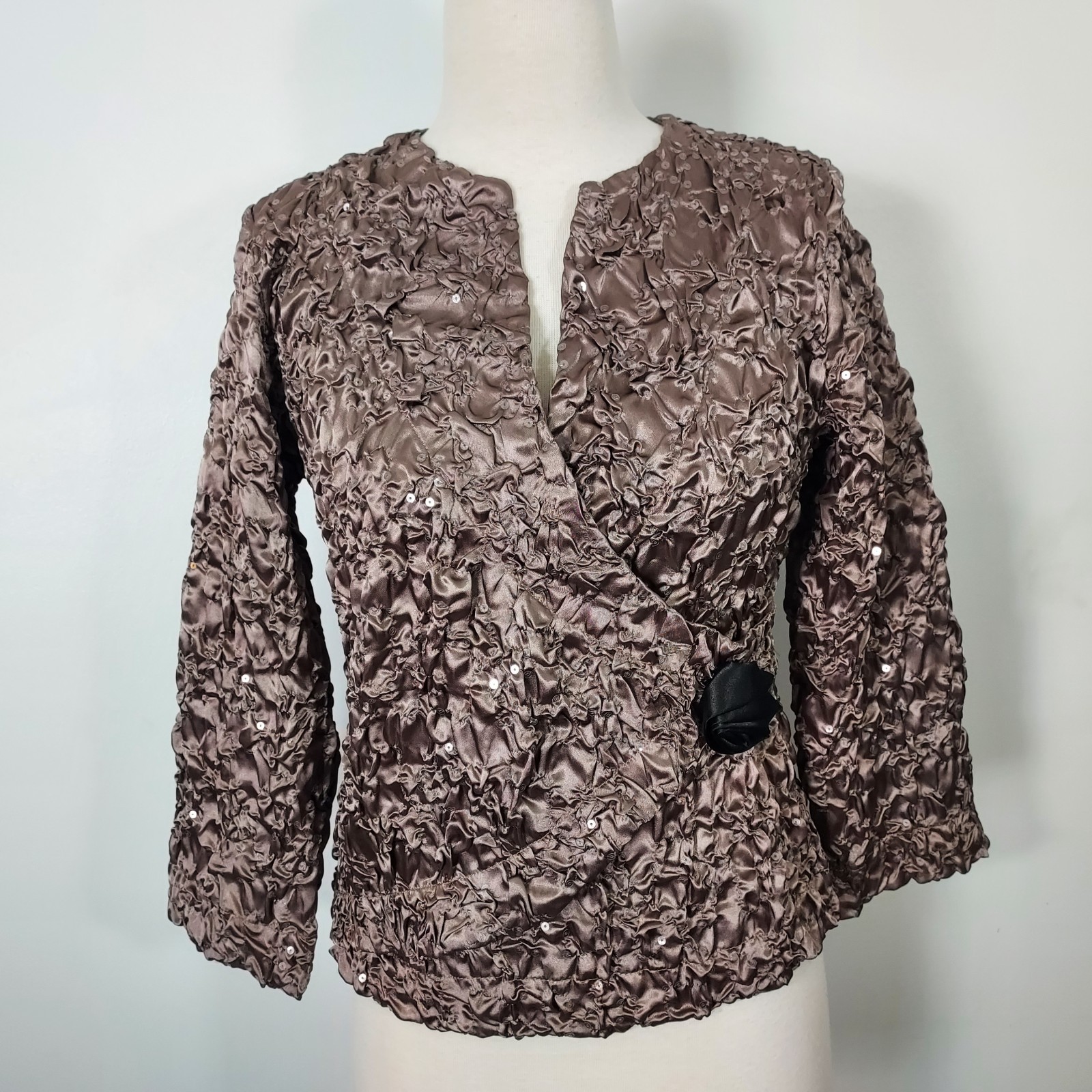 Cachet Evening Wear Top Sequin Faux Wrap Party Formal Women Size Small Brown