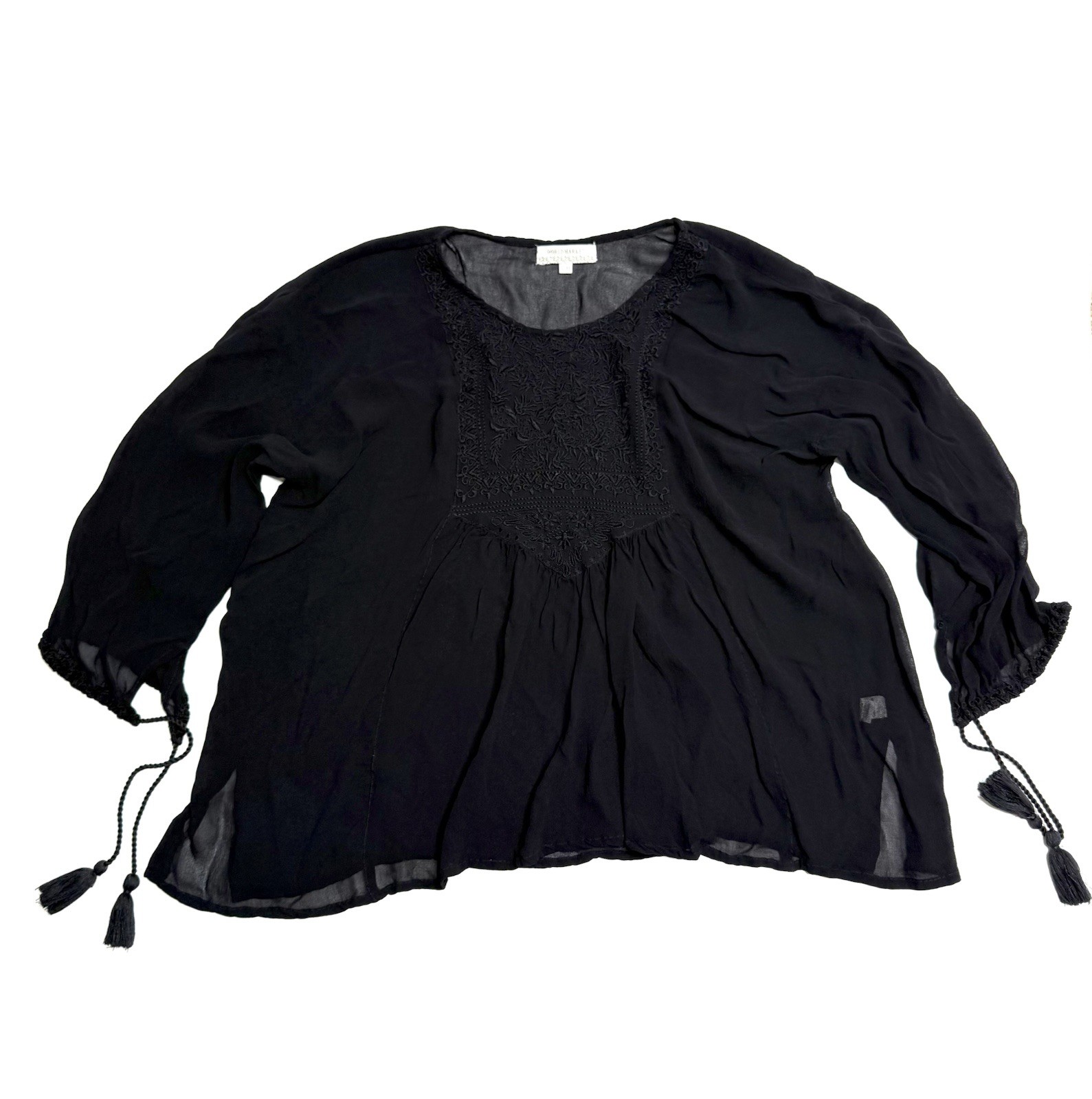World Market Black Sheer Boho Blouse Size S/M Woman Embroidered Rope 3/4 Sleeves