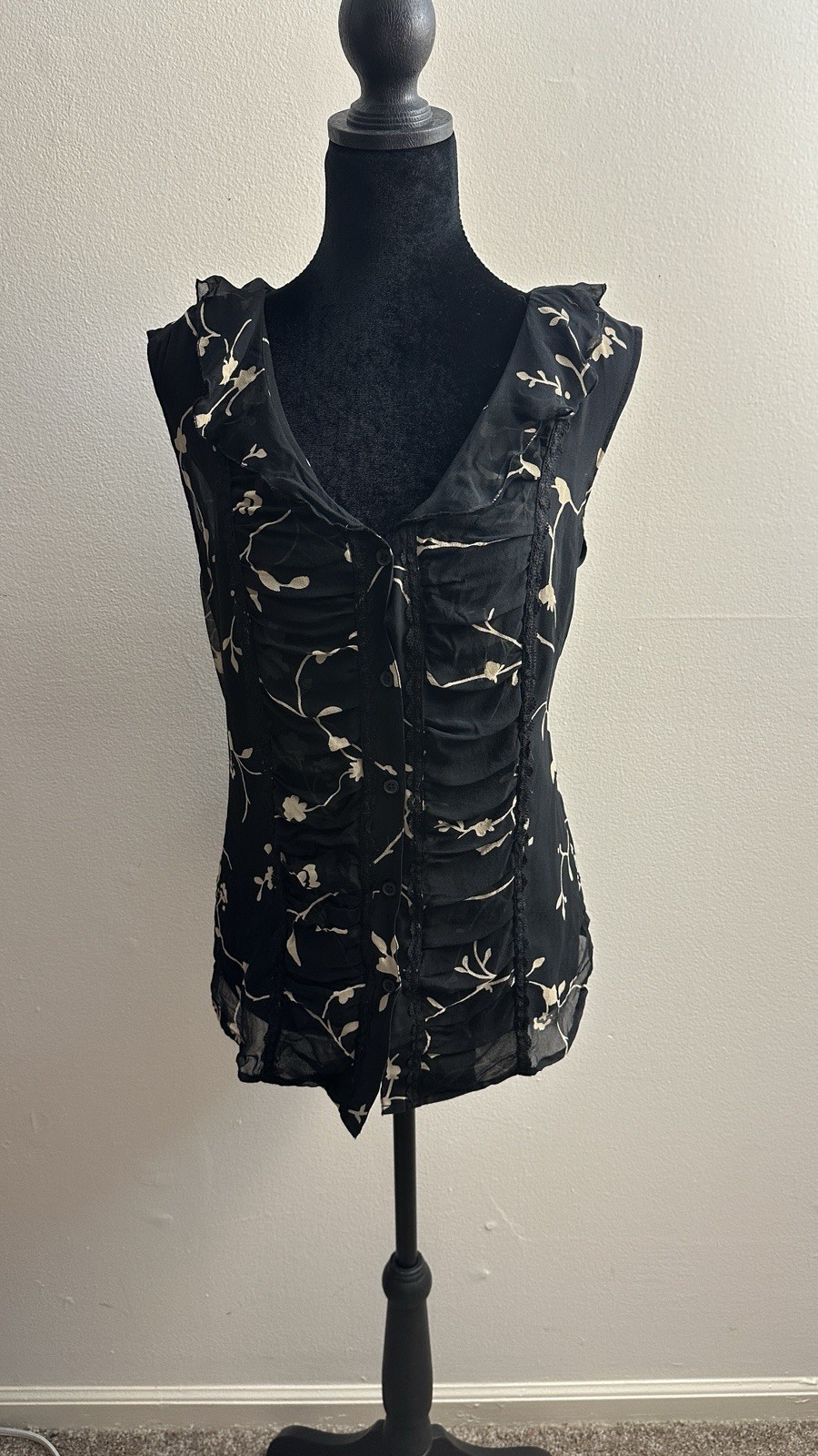 Jonathan Martin Studio L Black/Beige Floral Silk Chiffon Sheer Blouse