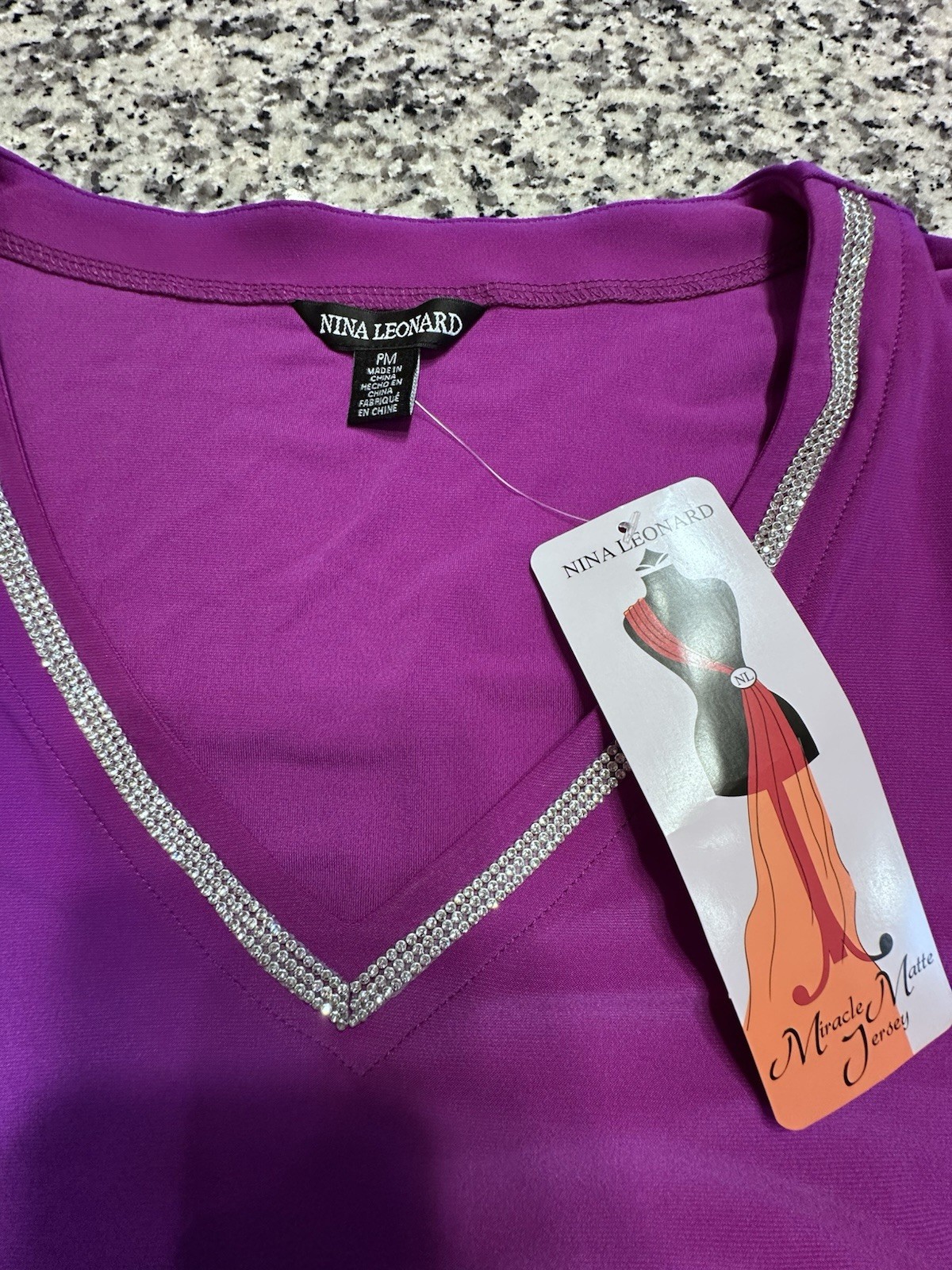 New NINA LEONARD Petite Med V-Neck Rhinestone Top Purple Miracle Matte Jersey