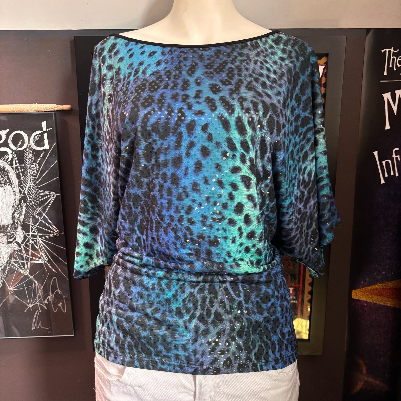 Clara Sunwoo Women’s Blue and Green Leopard Print Sequined Dolman Sleeve Top